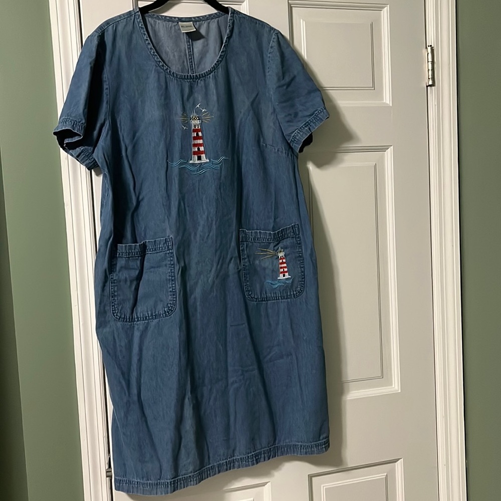Vintage Blair women’s large 90s Y2K denim lighthouse dress embroidered coastal